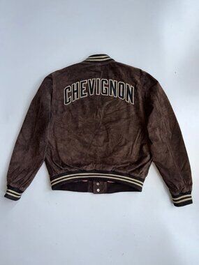 Vintage Chevignon Brown Suede Leather Spell Out Varsity Bomber Jacket - L